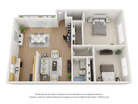 Floor plan for 2 beds, 2 baths, 719 sqft